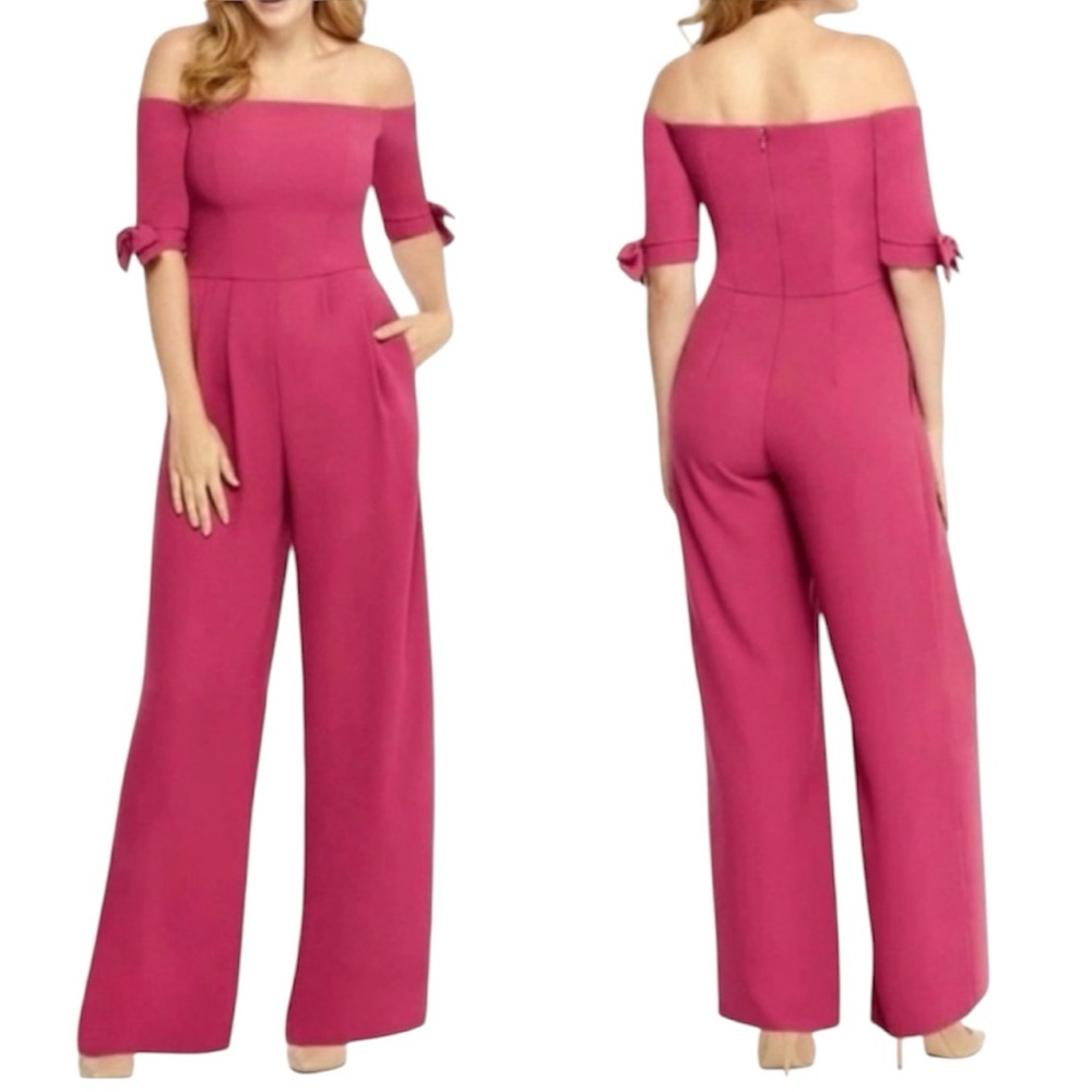 NEW Gal Meets Glam Meredith Crepe Jumpsuit Off Shoulder Bow